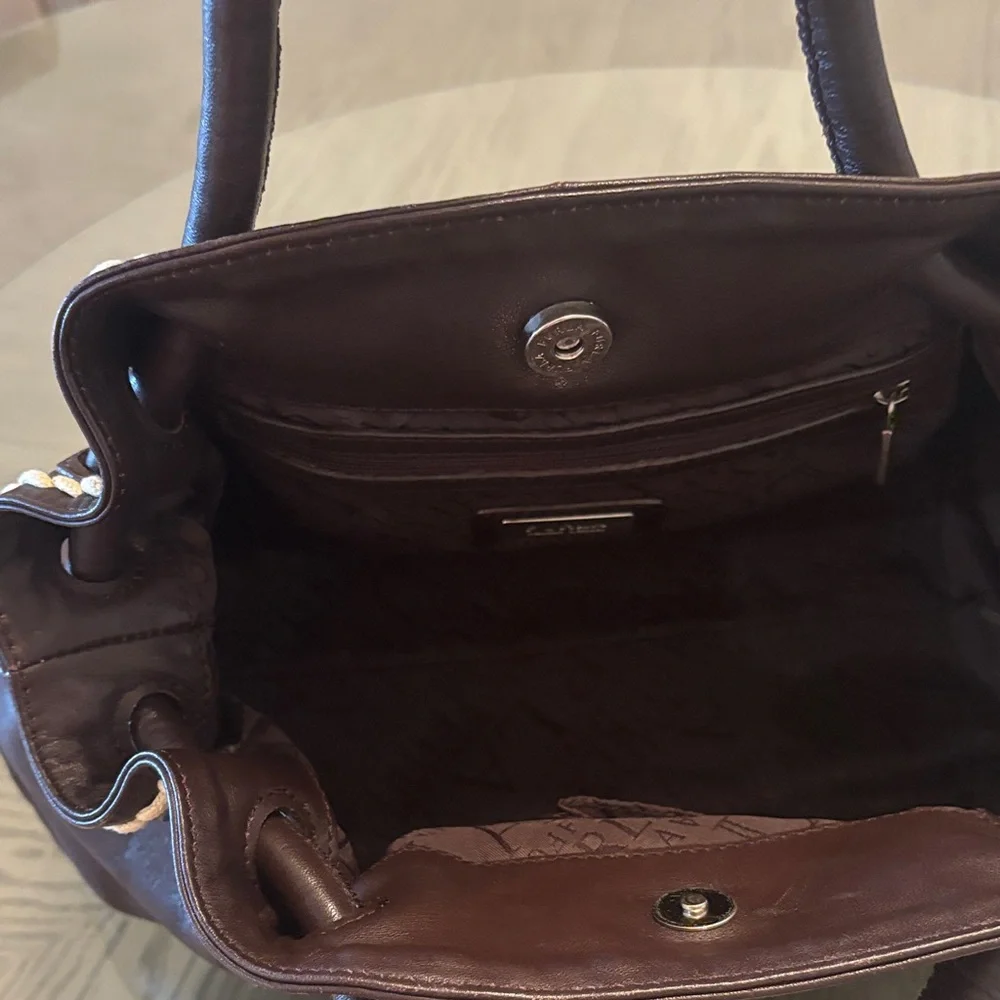Furla/Certificate of Authenticity- Dark Brown Leather Satchel Cream Braided Trim